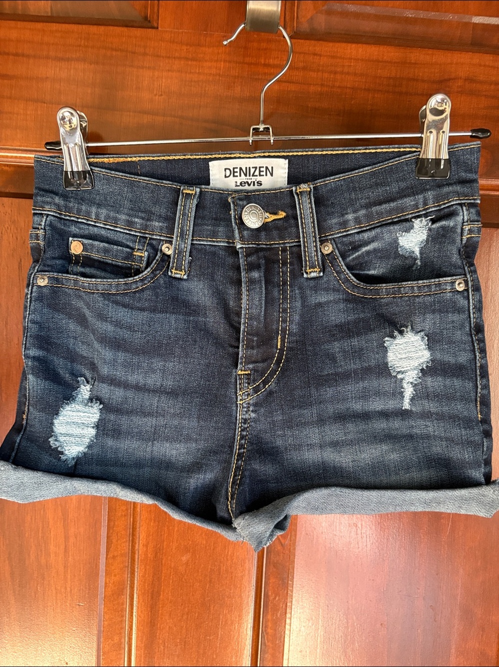 Denizen from Levi's High Rise Shortie Dark Blue Distressed Denim Shorts Size 1